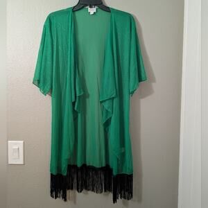 Lularoe Monroe Green Kimono with Black Fringe